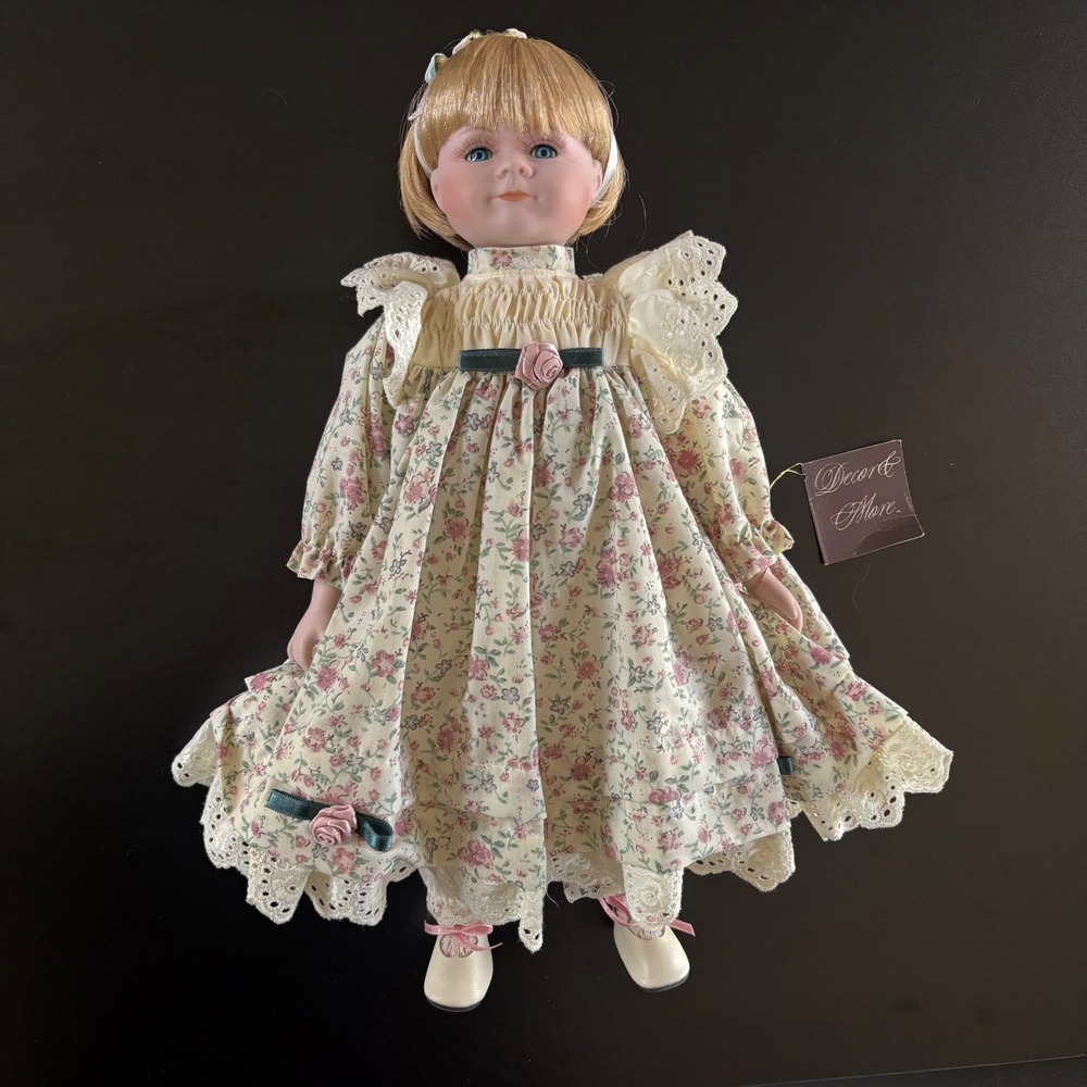 1990s porcelain doll flower linen dress blue eyes 15 inch tall girl blonde - Picture 10 of 14
